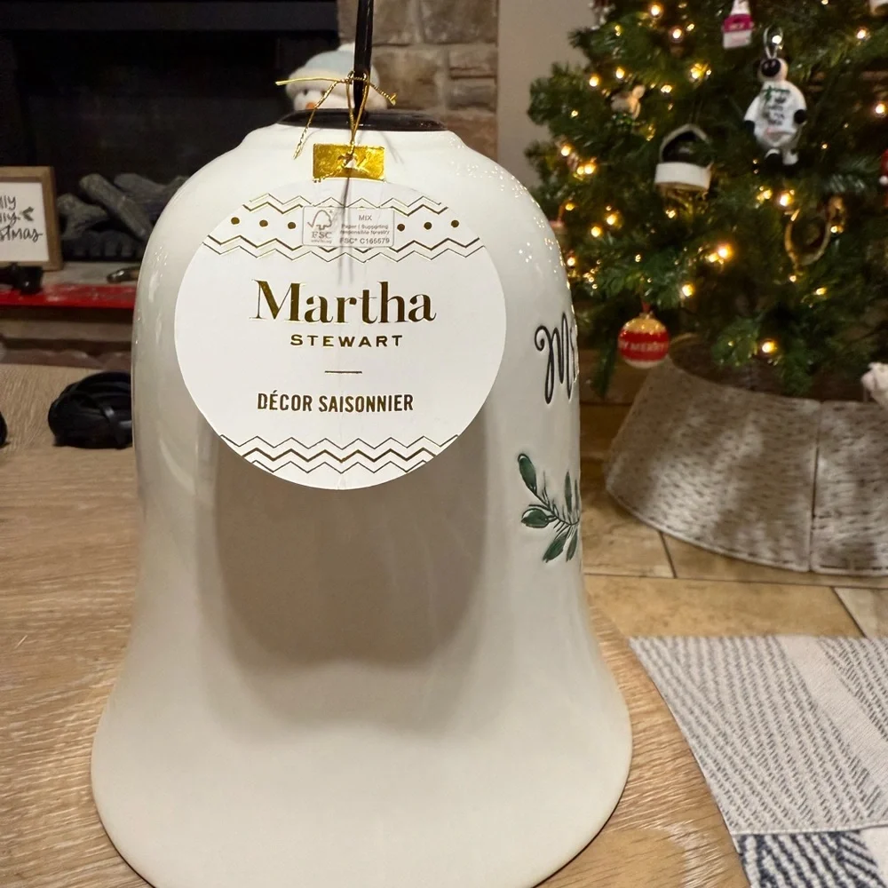Martha Stewart Mrs. & Mrs. Est 2025 White Ceramic Bell with Greenery Design - Picture 2 of 4